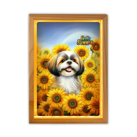 Shih Tzu Hello Summer Sunshine Sunflowers Spring Retro Vintage Acrylic Plaque with Wood Photo Frame Box Lion Dog Lover Gifts Light Box - 00008