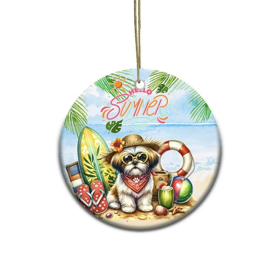 Shih Tzu Hello Summer with Sunglasses and Surfboard Tropical Vibes Ceramic Round Ornament Lion Dog Lover Gifts Home Tree Decor - 00007
