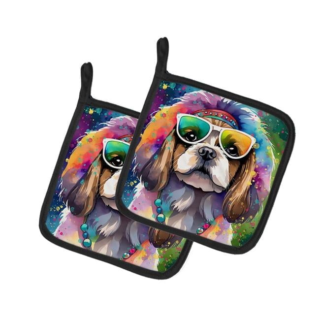 Shih Tzu Hippie Dawg Pair of Pot Holders 7.5 in x 7.5 in