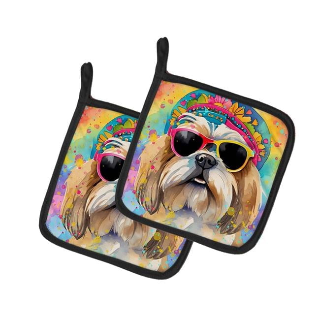 Shih Tzu Hippie Dawg Pair of Pot Holders 7.5 in x 7.5 in