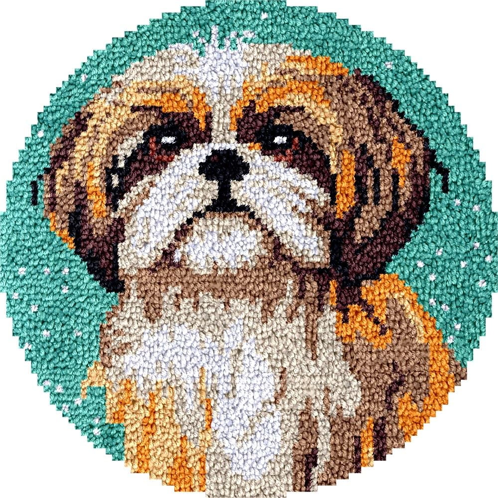 Shih Tzu Latch Hook Round Rug Kits Set for Starter Crochet Handmade Hooking Cushion Mat Sofa Seat Cushion Crocheting Kits with Preprinted Canvas Crochet Yarn Kits 50X50CM (r68)