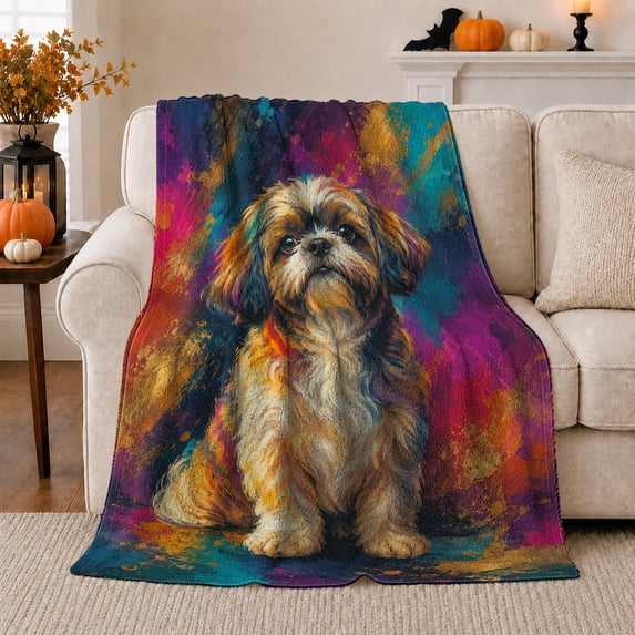 Shih Tzu Painterly Portrait, Cozy Pet Portrait Pattern, Warm Flannel Blanket for Living Room and Bedroom with Detailed Artwork, Dog Lovers Just Because Gift, Pet Lover Home Decor