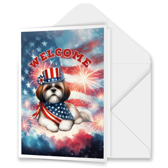 Shih Tzu Patriotic Welcome for 4Th of July Independence Day 5x7in Folded Greeting Card Lion Dog Lover Gifts Single Note Card with Envelope - 00010