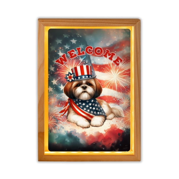 Shih Tzu Patriotic Welcome for 4Th of July Independence Day Acrylic Plaque with Wood Photo Frame Box Lion Dog Lover Gifts Light Box - 00010