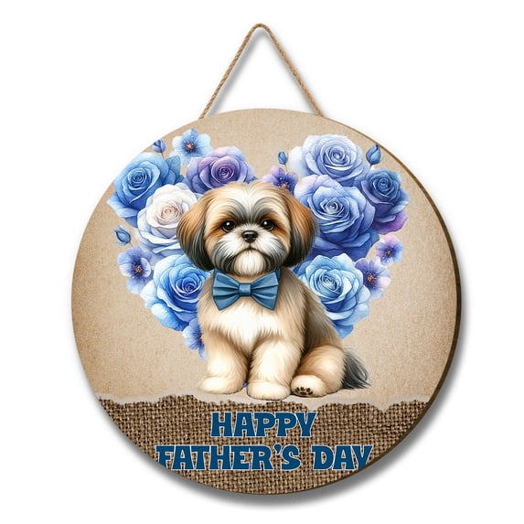 Shih Tzu Proud Dad Happy Father's Day Round Wood Sign Lion Dog Lover Gifts Hanging Wall Home Decor - 02008