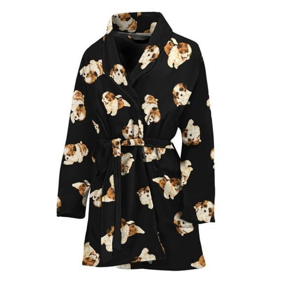 Shih Tzu Puppy Pattern Women Bathrobe One Size Univeral Fits, Dog Pet Lover Fashion Lightweight Plush Fleece Long Robe For Women