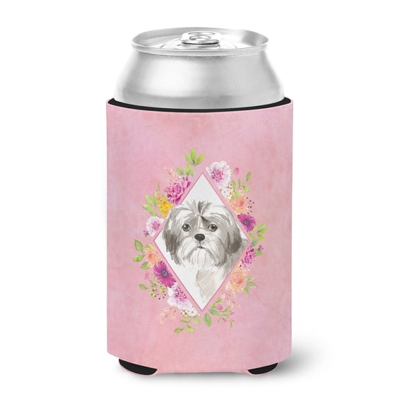 Shih Tzu Puppy Pink Flowers Can or Bottle Hugger