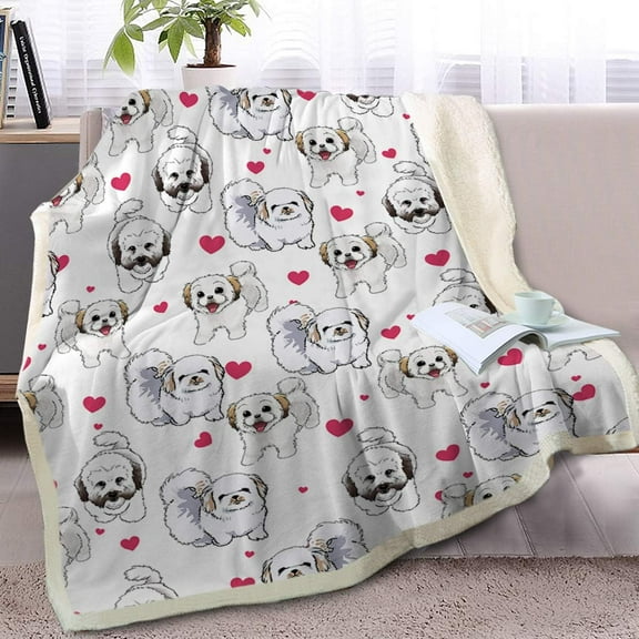 Shih Tzu Sherpa Throw Blanket - Super Soft Fuzzy Cozy Warm Red Hearts Dog Blanket Thick Plush Fluffy Blankets for Teen Girls Women Couch Bed Sofa Chair Men Boys Gift (Throw, 50x60 Inches)