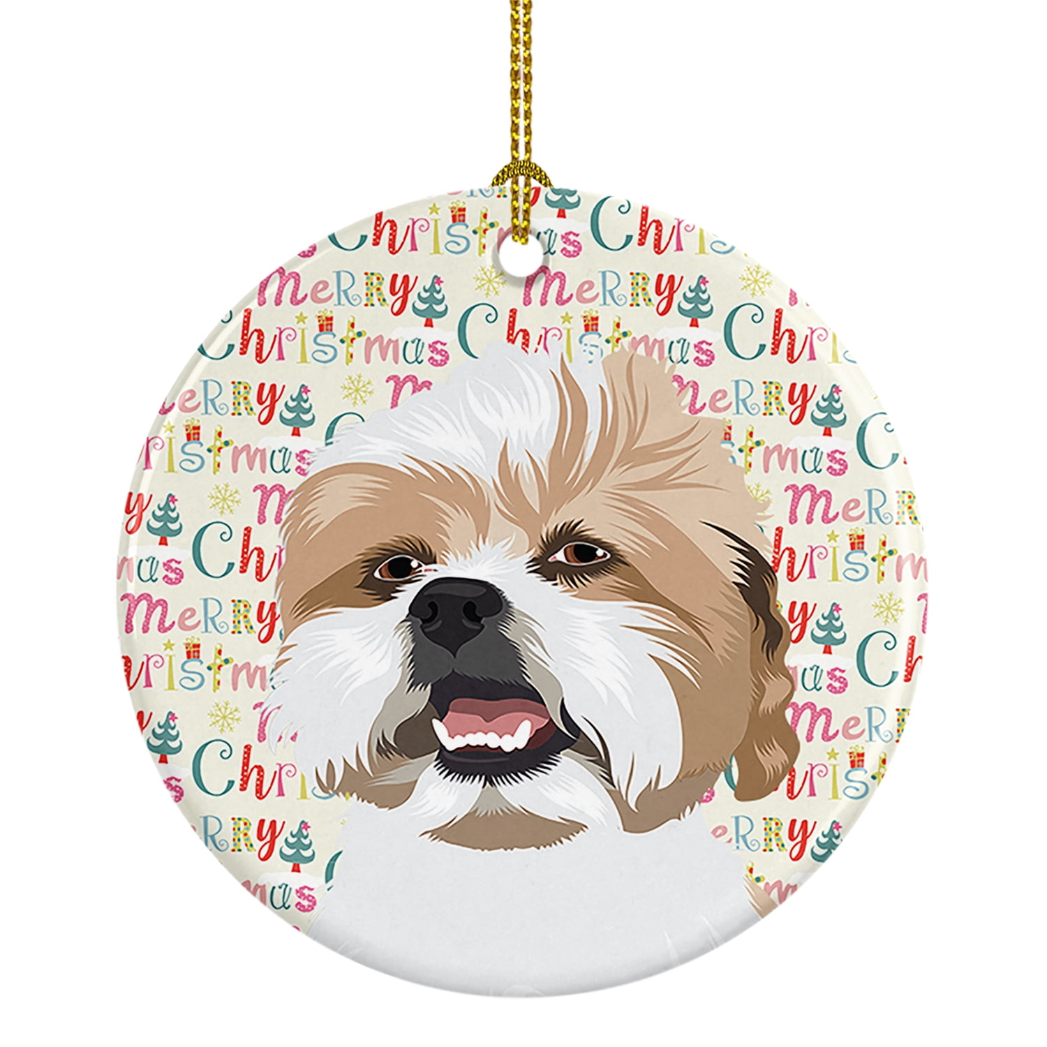 Shih-Tzu Silver Gold and White Christmas Ceramic Ornament 2.8 in x 2.8 in