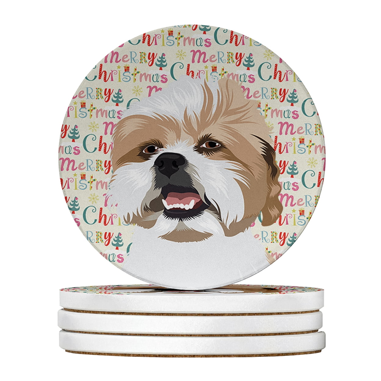 Shih-Tzu Silver Gold and White Christmas Large Sandstone Coasters Pack of 4 4 in x 4 in