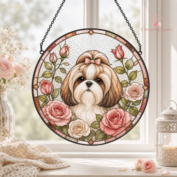 Shih Tzu Stained Glass Suncatcher with Roses, Dog Lover Window Hanging Gift