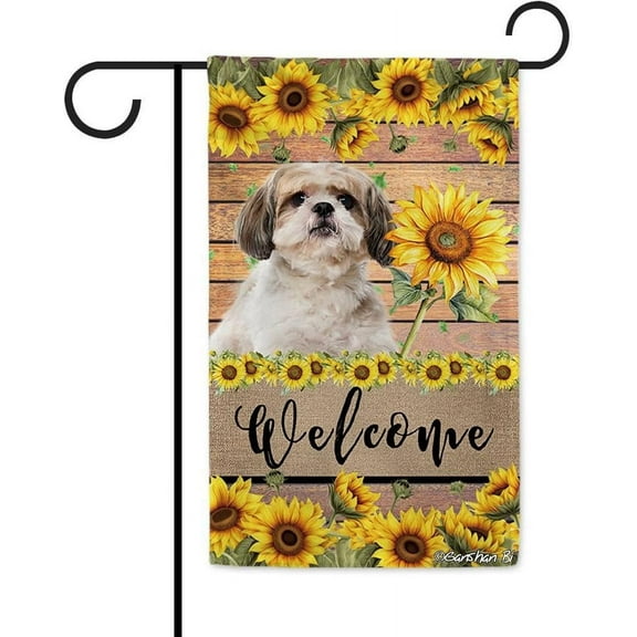 Shih Tzu Sunflower Garden Flag Dog Welcome Spring Summer Wooden Print Flag Banner Outside Yard Decor 12.5X18 Inch Double Side Style 1