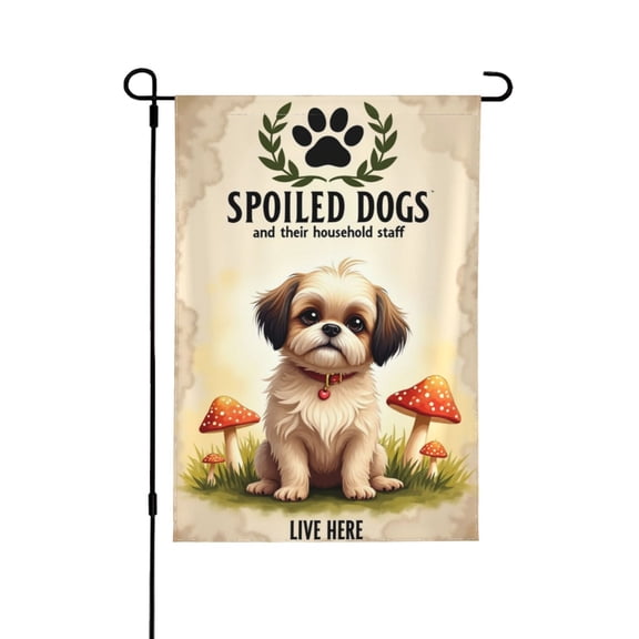 Shih Tzu Welcome Garden Flag 12x18 Inch Double Sided Spoiled Dogs And Their Household Staff Outdoor Yard Decoration For Porch, Lawn & Patio
