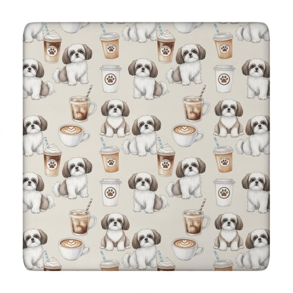 Shih Tzu and Coffee Beige Pattern Square Fitted Tablecloth with Elastic Edge, Washable Table Cover for Home Kitchen Party and Daily Decor 34"x34"