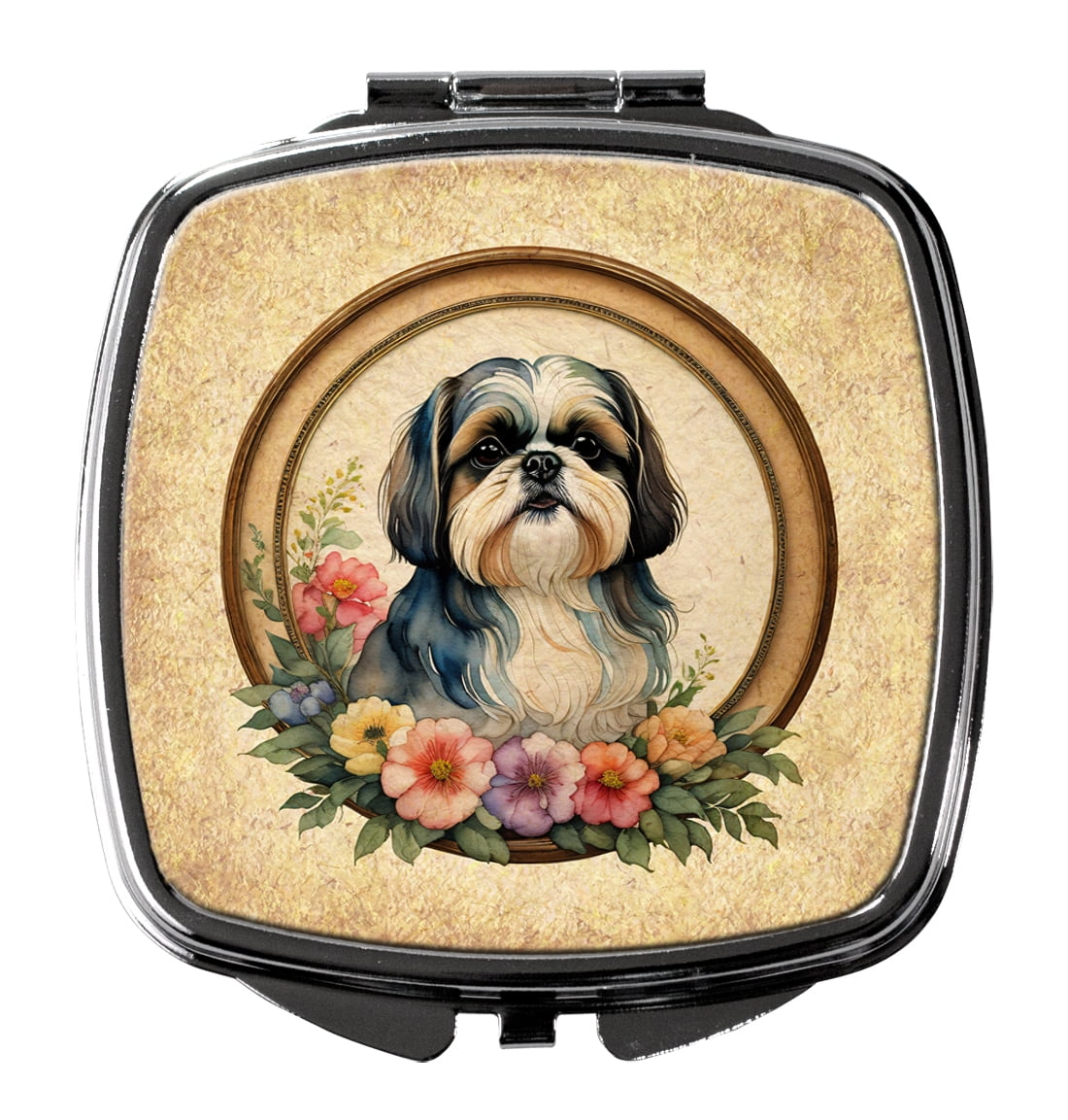 Shih Tzu and Flowers Compact Mirror 2.75 in x 3 in