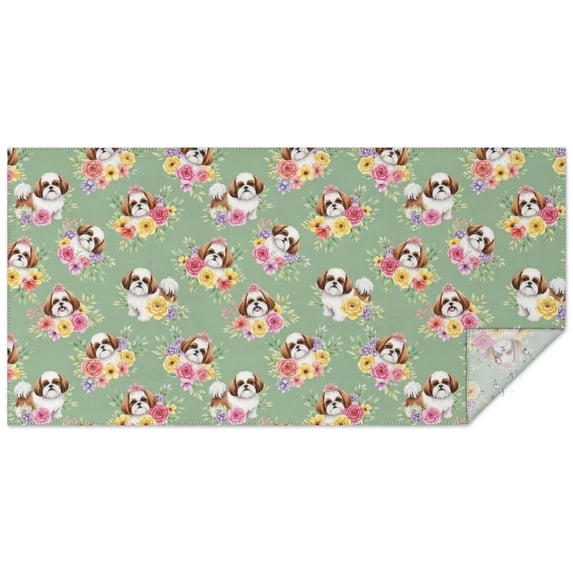 Green Tablecloth Pattern Shih Tzu and Flowers Green Pattern Waterproof Tablecloth, Rectangular ...