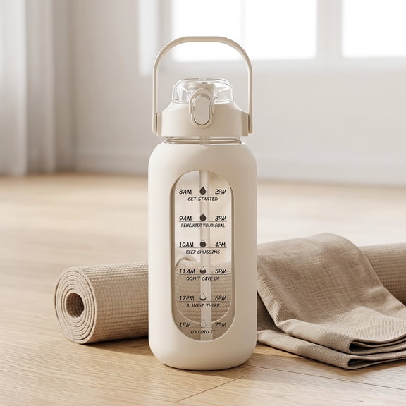 Shihaoyuan 64 oz Glass Water Bottle with Straw and Time Marker, Includes Cleaning Cup Brush, White (1-Pack)