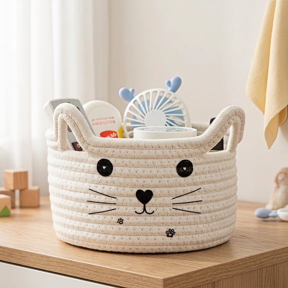 Shihaoyuan Cat Rope Basket with Handles, Small White Woven Cotton Storage Basket Bin for Pet Toys Gifts, 1 Pack, 8.3 x 4.7 Inch