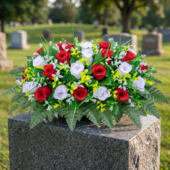 Shihaoyuan Grave Decorations Flowers for Cemetery, Artificial Headstone Flower Saddle Arrangement with Rust Resistant Frame, Red and White, 19.7 x 13.8 Inch
