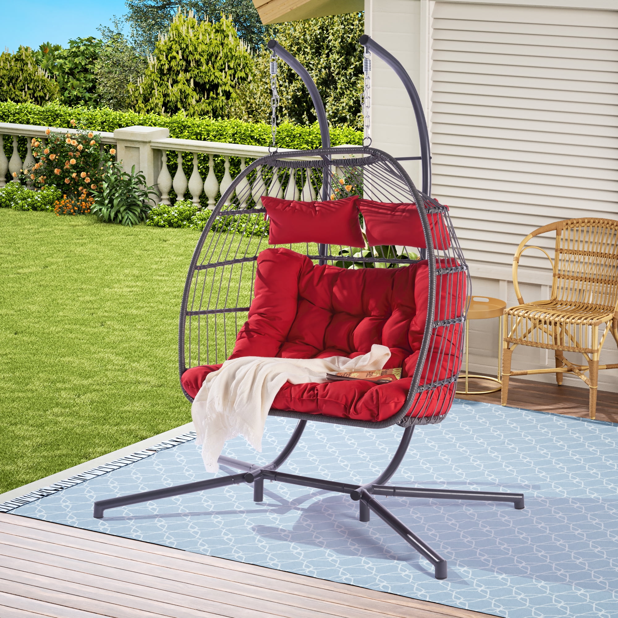 Shihatsusr 2 Person Swing Egg Chair Outdoor Rattan with Sturdy Stand
