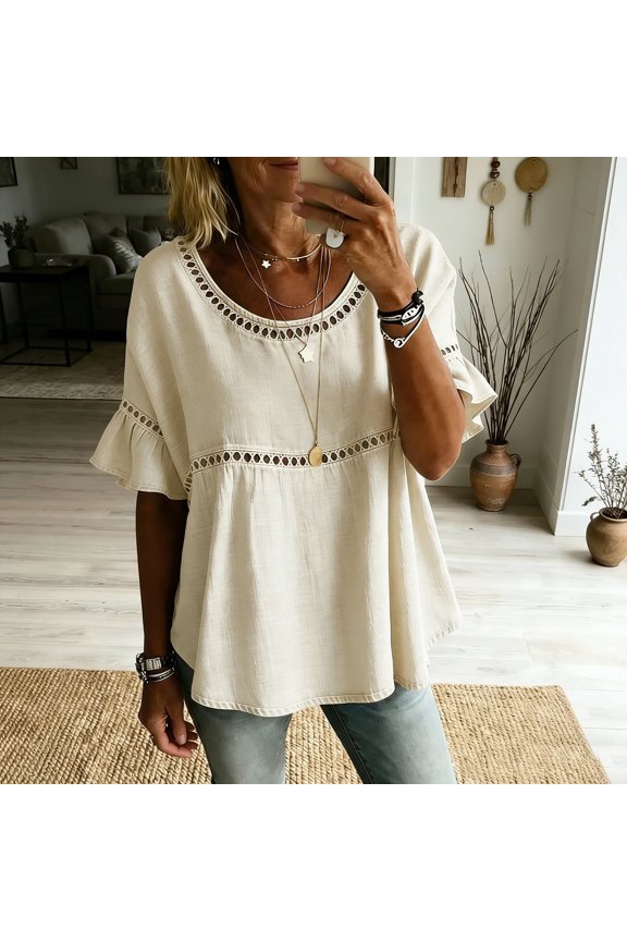 1/2 Sleeve Length Tops for Women Lace Patch Casual Dressy Blouses Trendy Shirts Round Neck Loose Fit Tunic Top