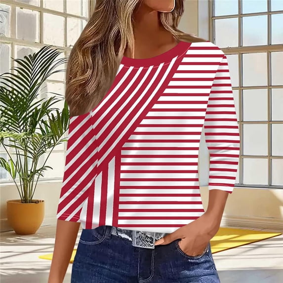 Shihyeh 3/4 Length Sleeve Womens Tops Summer Three Quarter Striped Shirts Plus Size Trendy Casual Loose Fit Soft Blouse Tees