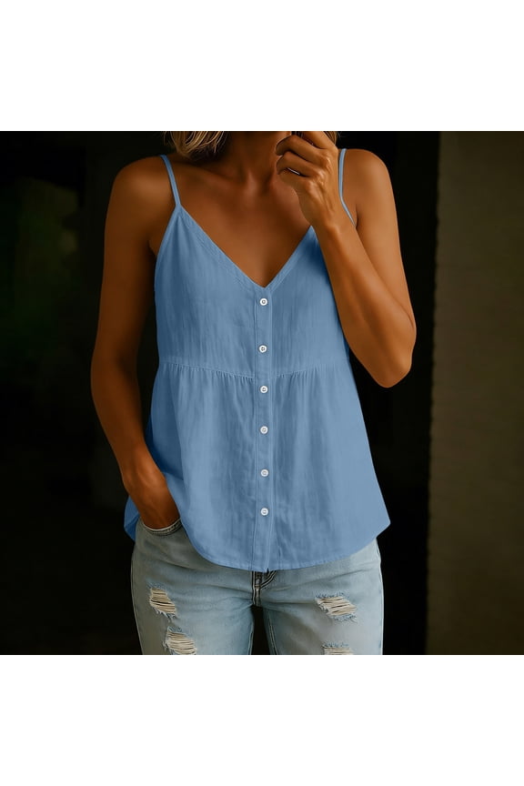 Cotton Linen Shirts for Women Empire Waist Button Down Blouses V Neck Peplum Tops Casual Sleeveless Lightweight T-Shirt
