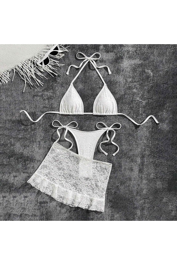 Lace Bikini with Mini Skirt, Halter Triangle Backless for Tan Through, 3 Piece Swimsuits for Women