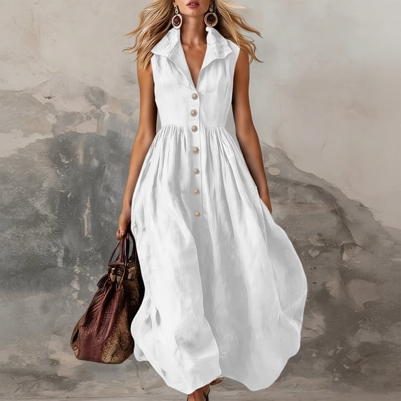 Shihyeh Ladies' Casual And Fashionable Solid Color Sleeveless Button Up Lapel Dress