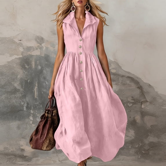 Shihyeh Ladies' Casual And Fashionable Solid Color Sleeveless Button Up Lapel Dress