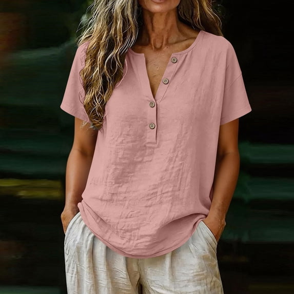 Shihyeh Linen Tops for Women Short Sleeve Button Down Shirts Casual Summer 2026 Cotton Gauze Clothes Loose Fit Tunic Blouses