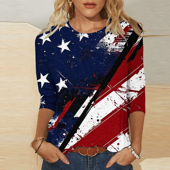 Shihyeh Women 250 USA Anniversary Independence Day Shirt America Flag Patriots 4Th of July Shirts Round Neck Tshirts 3/4 Sleeve Tops