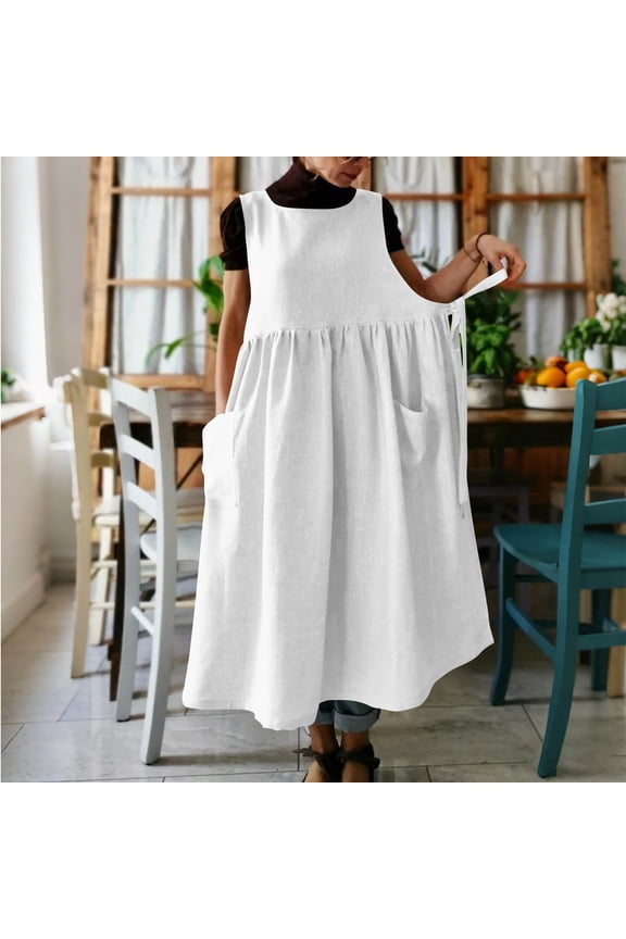 Women Plus Size Cotton Linen Vintage Pleated Split Apron Pinafore Dress with Two Pockets