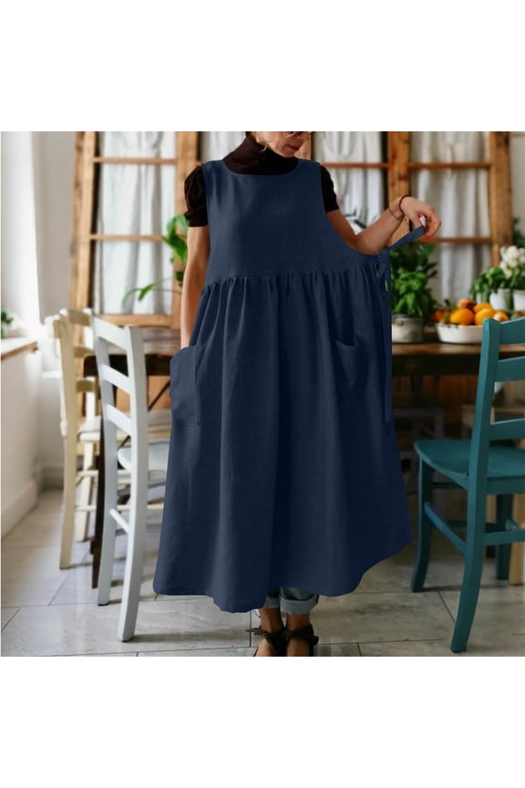 Women Plus Size Cotton Linen Vintage Pleated Split Apron Pinafore Dress with Two Pockets
