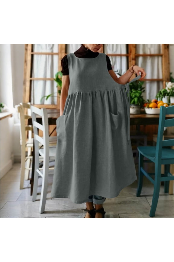 Women Plus Size Cotton Linen Vintage Pleated Split Apron Pinafore Dress with Two Pockets