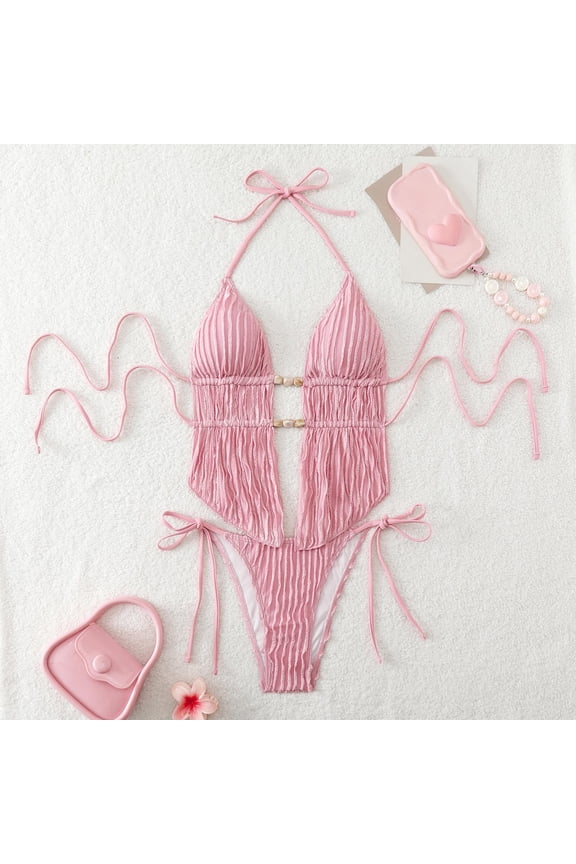 Women's 2 Piece Beaded Bikini Sets Halter Swimsuits Textured Backless Tie Side Bathing Suit