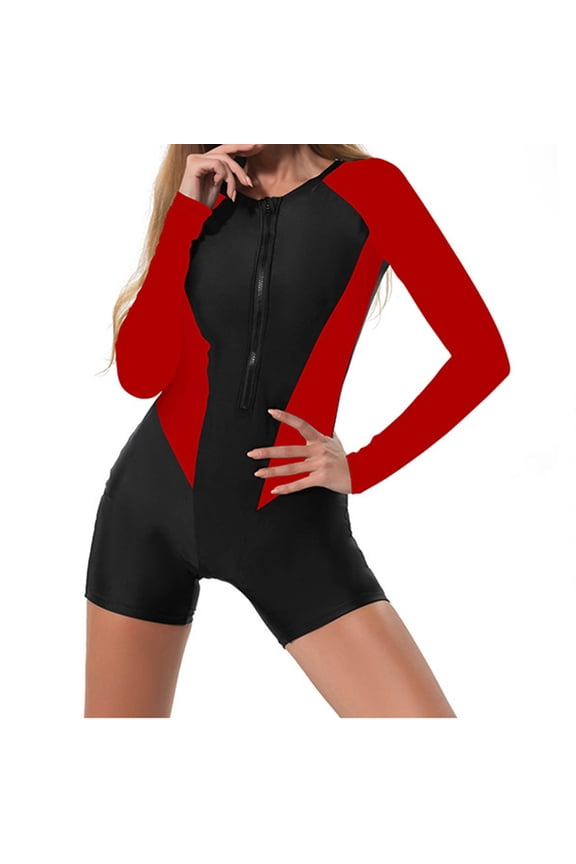 Women's Boyleg One Piece Rash Guard with Built in Bra Zip Front UPF50+ Long Sleeve Full Body Surfing Swimsuit