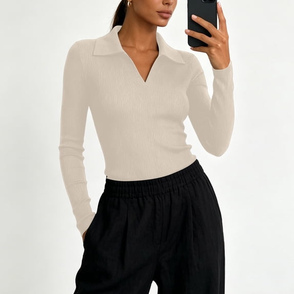 Shihyeh Women's Casual Solid Color Long Sleeve V Neck Blouse Tunic Top