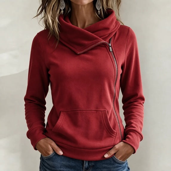 Shihyeh Women's Cowl Neck Hooded Sweatshirt Long Sleeve Front Pocket Casual Warm Top for Women