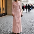thumbnail image 1 of Shihyeh Women's Elegant Pleated Long Sleeve Flowy Evening Dress, Solid Color Chic Gown, Soft Stretchy Party Dress, 1 of 7