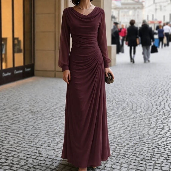 Shihyeh Women's Elegant Pleated Long Sleeve Flowy Evening Dress, Solid Color Chic Gown, Soft Stretchy Party Dress