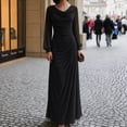 thumbnail image 1 of Shihyeh Women's Elegant Pleated Long Sleeve Flowy Evening Dress, Solid Color Chic Gown, Soft Stretchy Party Dress, 1 of 7