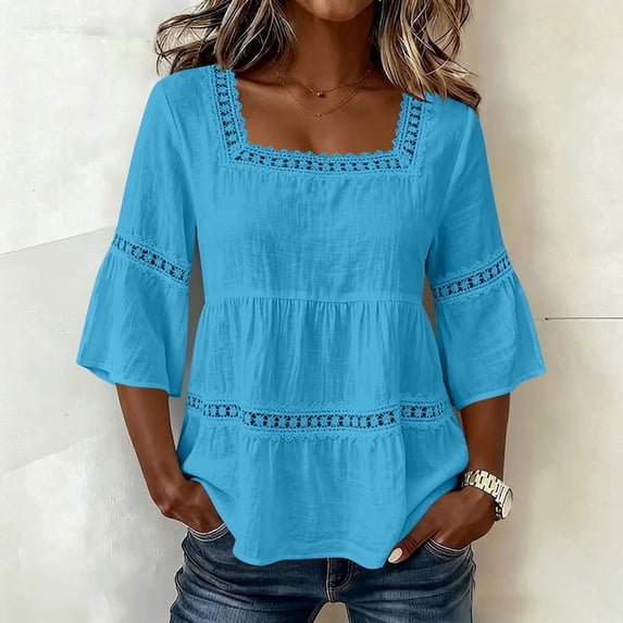 Shihyeh Women's Lace 3/4 Sleeve Tunic Tops Loose Fit Square Neck T Shirts Eyelet Flowy Babydoll Peplum Top Summer Boho Blouses