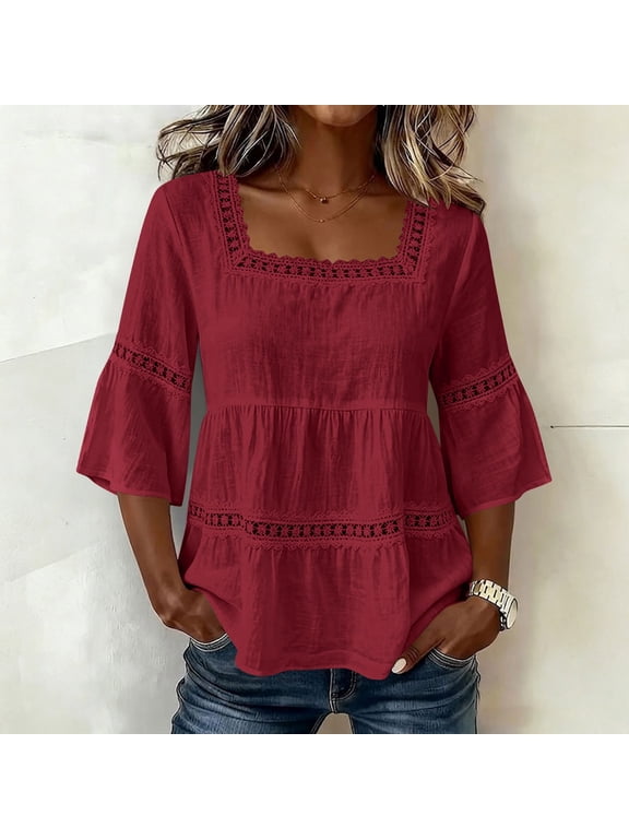 Women's Lace 3/4 Sleeve Tunic Tops Loose Fit Square Neck T Shirts Eyelet Flowy Babydoll Peplum Top Summer Boho Blouses