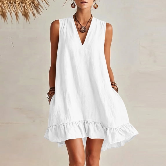 Shihyeh Women's Mock Neck Sleeveless Flowy Ruffled Swimsuit Cover-Up Dress with Front Zip Detail Bathing Suit Beach Bikini Wrap Summer Vacation Poolside Loose Casual Mini Sundress