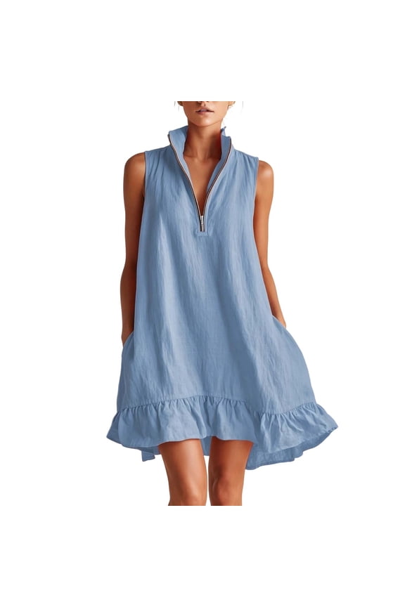 Women's Mock Neck Sleeveless Flowy Ruffled Swimsuit Cover-Up Dress with Front Zip Detail Bathing Suit Beach Bikini Wrap Summer Vacation Poolside Loose Casual Mini Sundress​