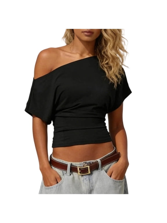 Women's Off The Shoulder Crop Tops Asymmetrical Y2K Going Out Top Dolman Short Sleeve 2026 Summer Trendy Clothes