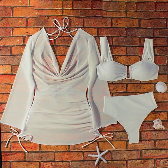 Shihyeh Women's Plus Size 3 Piece Swimsuits Halter Triangle Bikini Set with Drawstring Semi Sheer Cover Up Bathing Suit