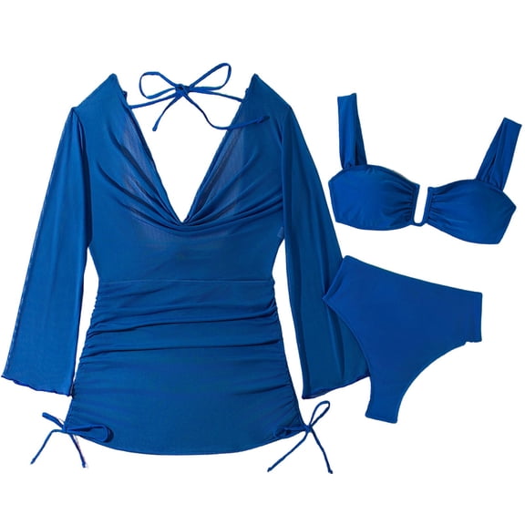 Shihyeh Women's Plus Size 3 Piece Swimsuits Halter Triangle Bikini Set with Drawstring Semi Sheer Cover Up Bathing Suit