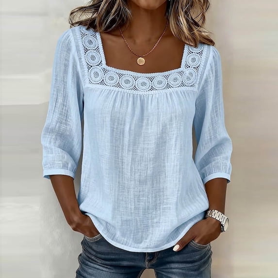 Shihyeh Women's Ruffle 3/4 Sleeve Square Neck Lace Blouse Textured Top Dressy Casual Shirts